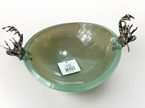 Mud Pie Green Glass Bowl Double Handle Stag Heads w/ SILVER Tone Antlers/ Deer